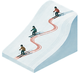 Three skiers descending a snowy slope in a winding line