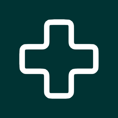 White medical plus sign icon on a dark teal background