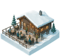 Snowy lodge patio with people seated at outdoor tables and a few standing near the cabin entrance