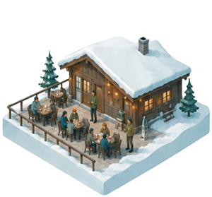 Snowy cabin with people seated at outdoor tables on a deck, lit warmly at dusk