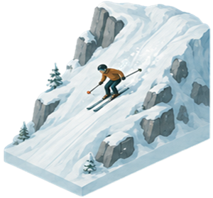 Skier descending a snowy mountain slope with rocky cliffs and pine trees