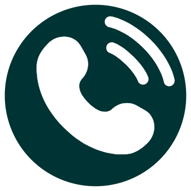 White phone handset icon on a dark green circular background with signal lines in the upper right