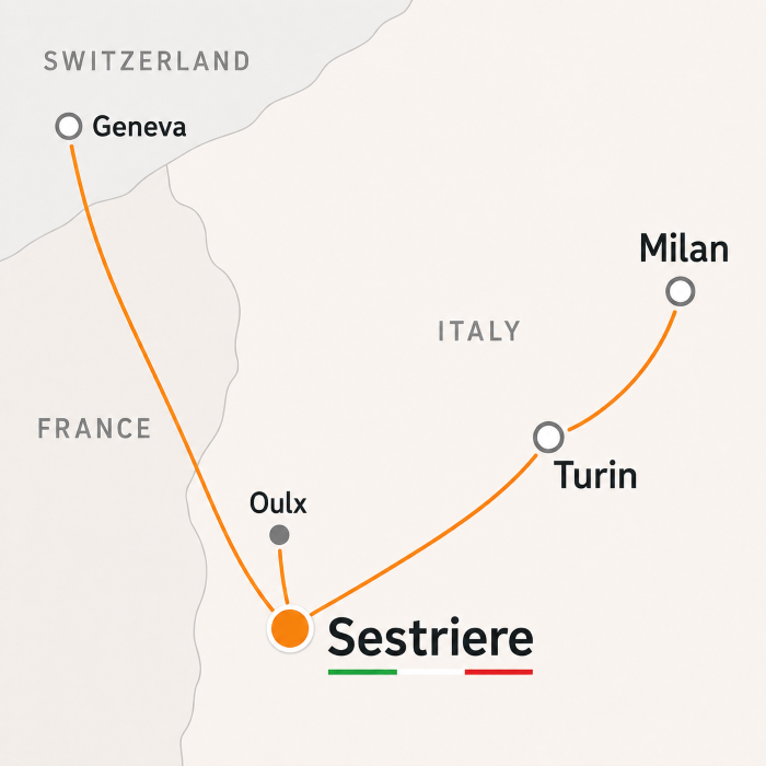Map showing Sestriere relative to Turin, Milan Malpensa and Geneva and the Oulx train station