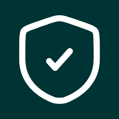 White shield with a checkmark on a dark teal background