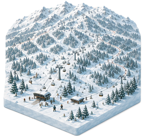 Snowy ski resort with chairlifts, skiers, pine trees, and mountain slopes.