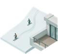 Two skiers on a snowy roof beside a modern building and balcony