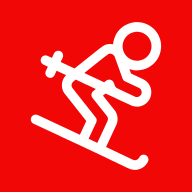 White skier icon on a red background
