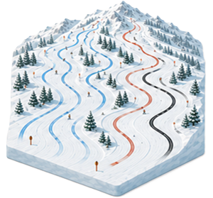 Snowy mountain ski resort with winding blue, red, and black downhill trails and evergreen trees