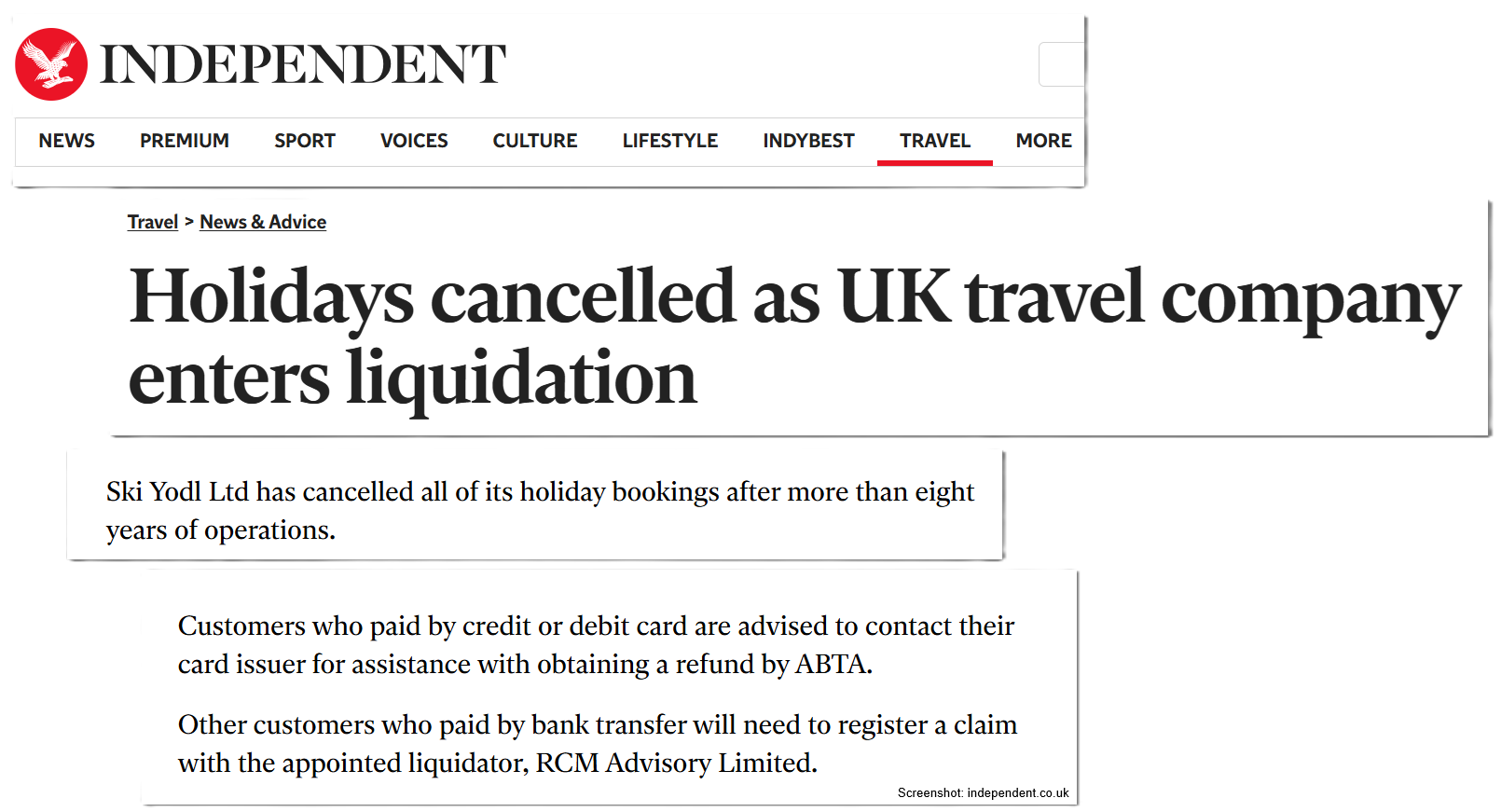 The Independent article headline: “Holidays cancelled as UK travel company enters liquidation”