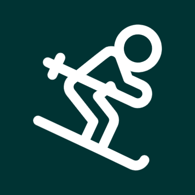 White skier icon on dark teal background, leaning forward on skis.
