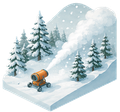 Snowy pine forest with a small orange cannon on a white winter hill