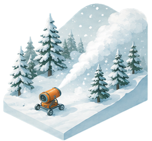 Snowy hillside with fir trees and an orange snow machine clearing a path through the winter landscape