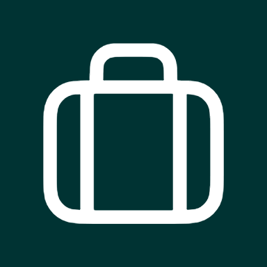 White suitcase icon on a dark teal background