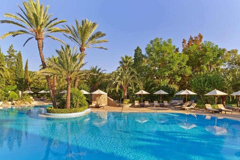 Luxury resort pool with palm trees, lounge chairs, and umbrellas under a clear blue sky