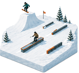 Snowboarders on a snowy terrain park with ramps, rails, trees, and a flag.