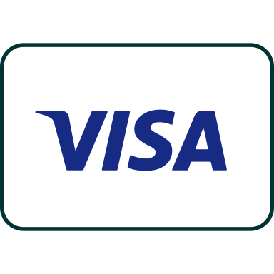 Visa logo in blue on a white background with a dark green rounded border
