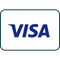 Visa logo in blue on a white background with a dark green rounded border