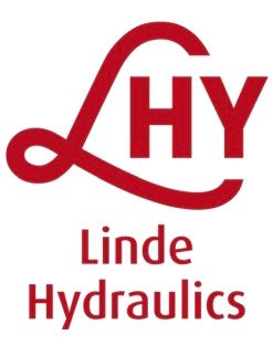 a red and white logo for linde hydraulics