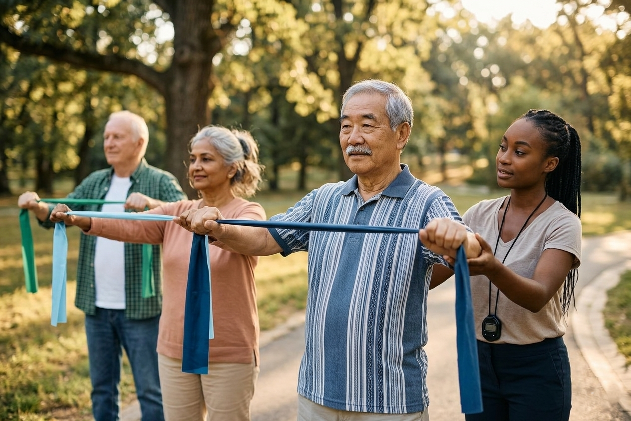 A group of people standing outdoors, stretching blue resistance bands as a fitness instructor guides them.