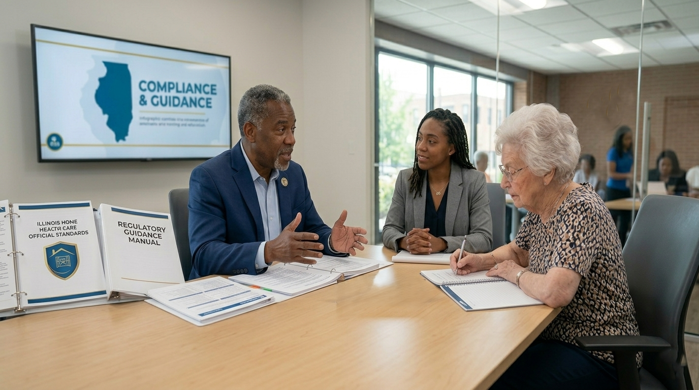 Three professionals sitting at a conference table, reviewing documents with a state map on a screen in the background.