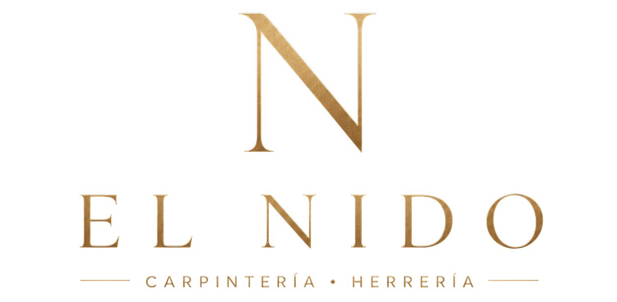 Gold “N” and “EL NIDO” logo with “Carpintería • Herrería” underneath