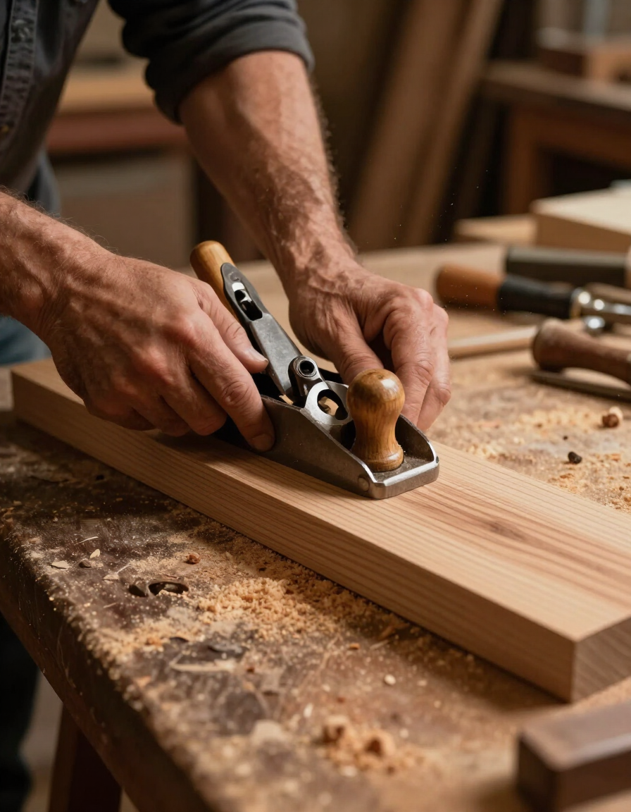 Manos utilizando un cepillo de mano para alisar una tabla de madera en un taller.