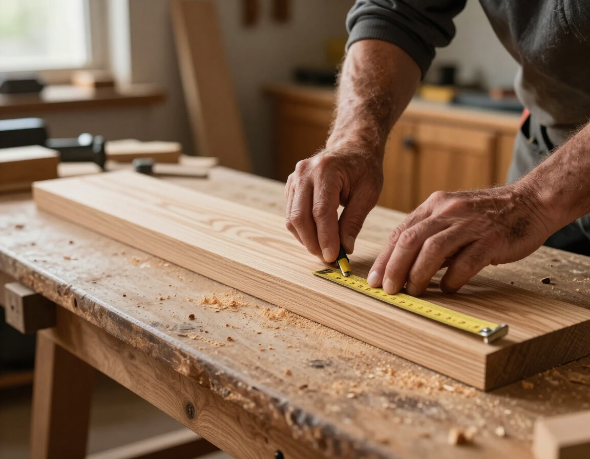 Manos midiendo una tabla de madera con una cinta métrica sobre un banco de trabajo en un taller.