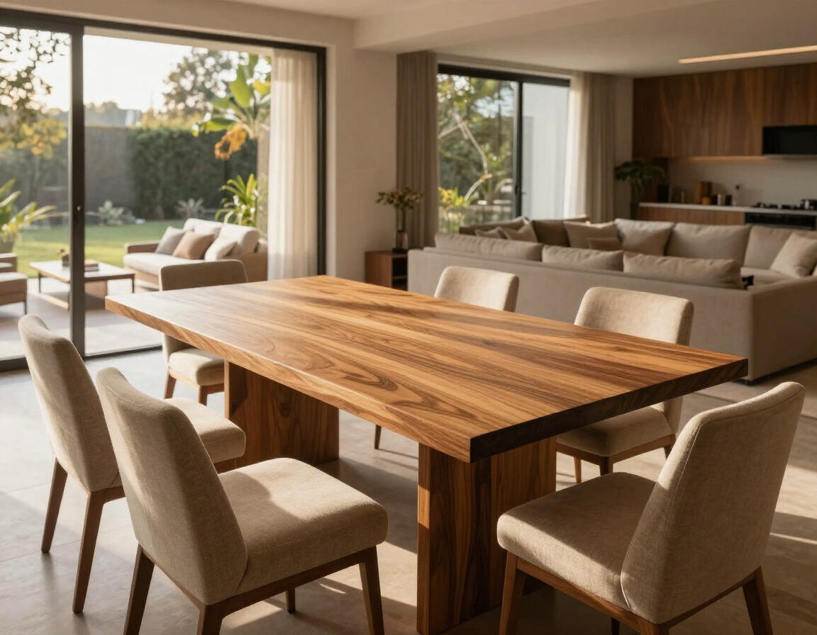 Comedor moderno con mesa de madera, sillas beige y grandes puertas correderas que dan a un jardín.