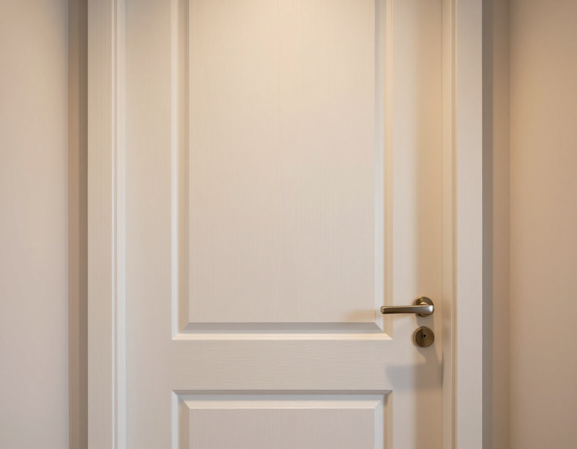 Puerta interior blanca con tirador de latón sobre paredes beige.