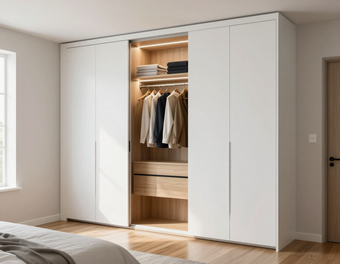 Armario blanco con puertas correderas en un dormitorio luminoso, con las puertas centrales abiertas para dejar ver ropa colgada y estantes.