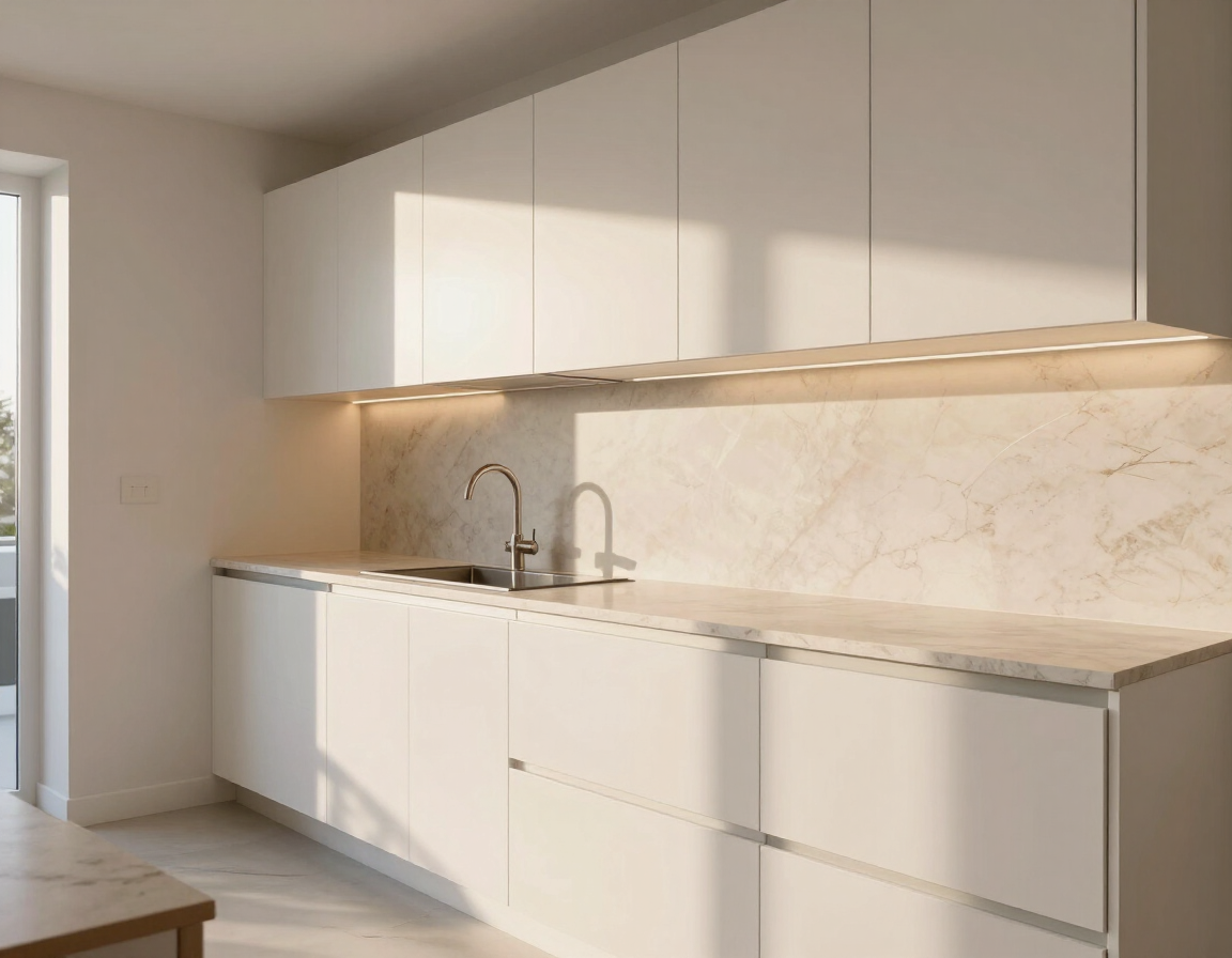 Cocina minimalista y luminosa de color blanco con armarios, salpicadero de mármol y fregadero y grifo sobre encimera.
