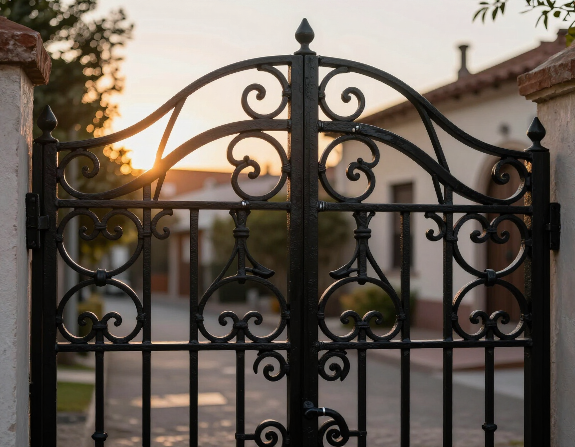 Una elaborada verja de hierro forjado negro al atardecer, con una casa y árboles al fondo.