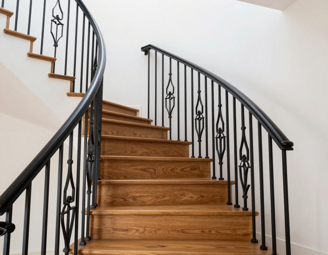 Escalera curva de madera con barandilla de hierro forjado negro en un interior luminoso.