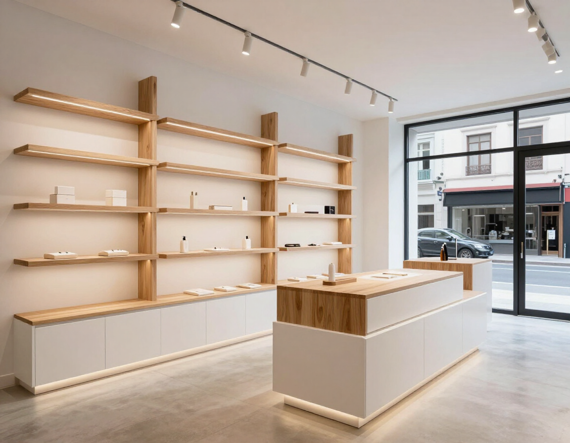 Interior minimalista de una tienda minorista con estantes de madera clara, una mesa de exposición central y un escaparate de cristal.
