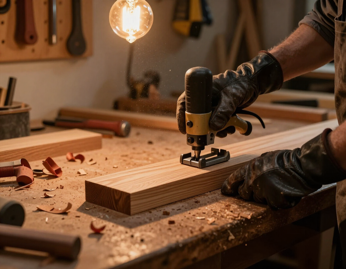 Una persona utiliza un taladro eléctrico sobre una tabla de madera en un taller, con virutas de madera esparcidas cerca.