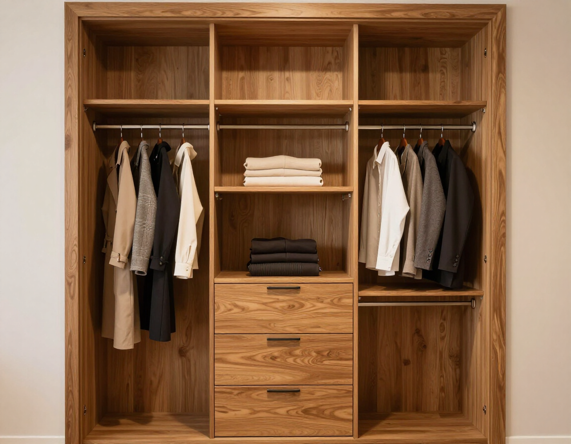 Vestidor de madera con espacio para colgar ropa, prendas dobladas y cajones centrales.