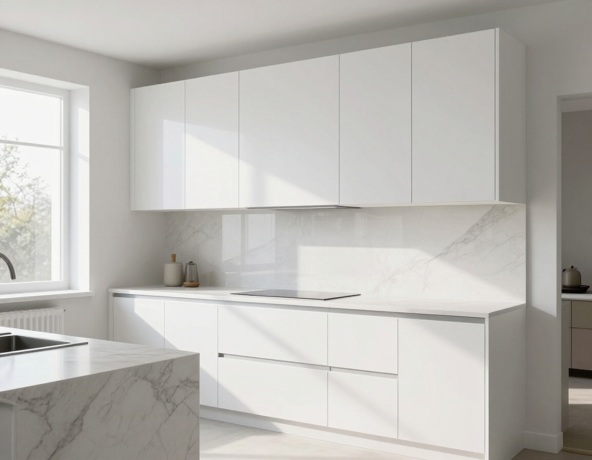 Cocina moderna y luminosa de color blanco con encimeras de mármol y armarios minimalistas, iluminada por la luz del sol que entra por una ventana.