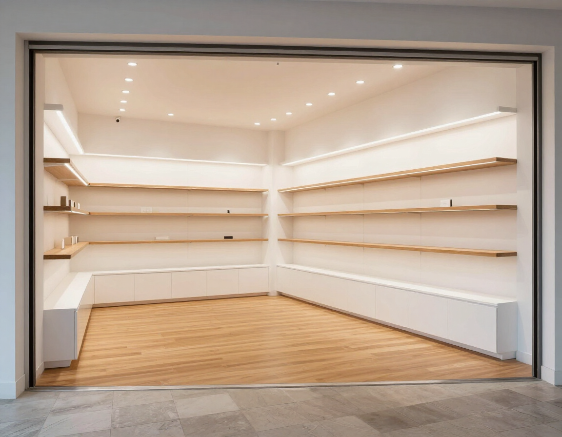 Local comercial vacío de color blanco con estanterías de madera y suelo de madera clara.