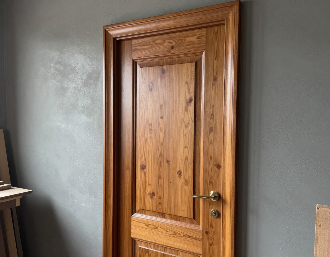 Puerta interior de madera con tirador de latón enmarcada en una pared gris.