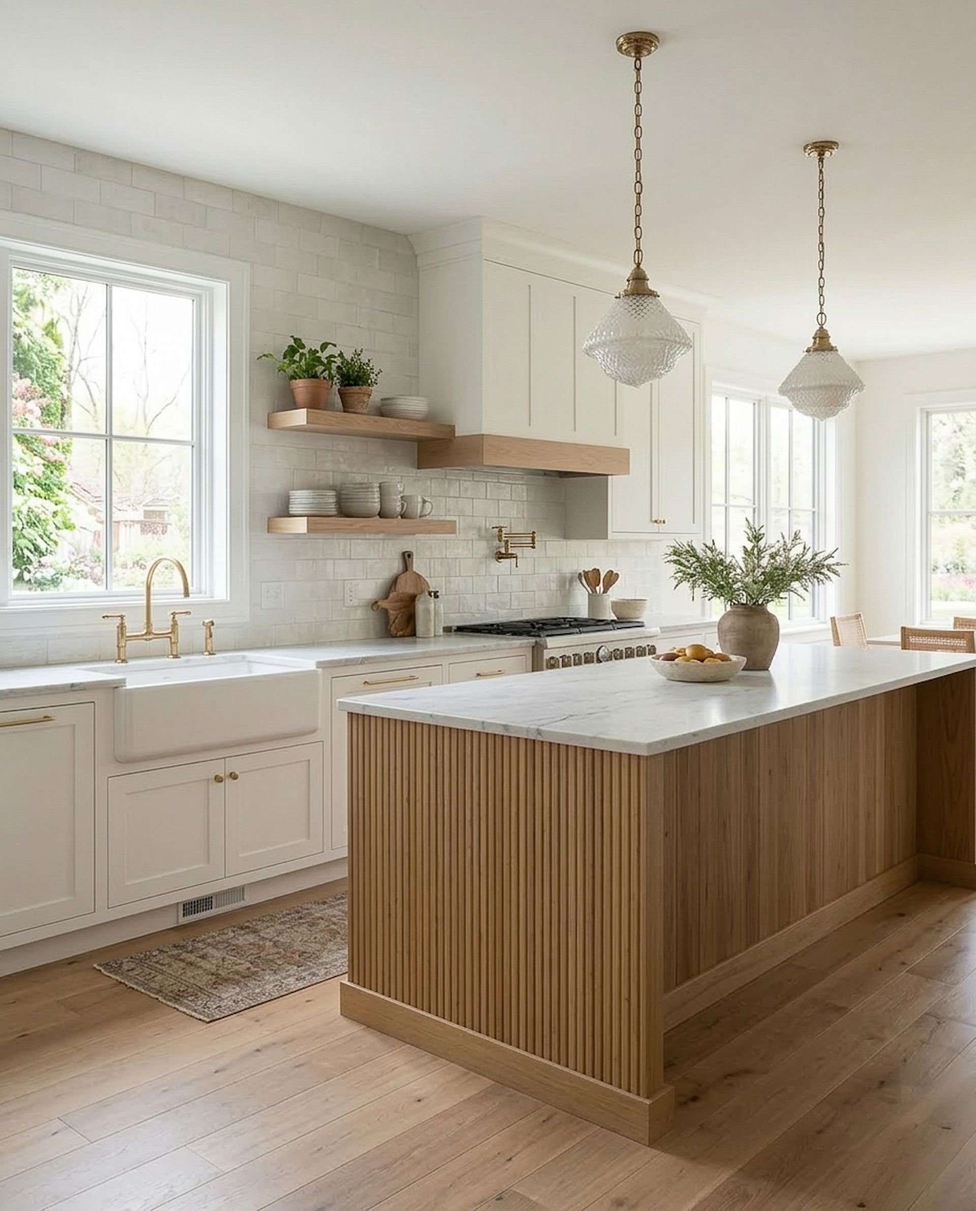 Bright modern kitchen with wood island, white cabinets, hanging pendant lights, and sunlight from windows
