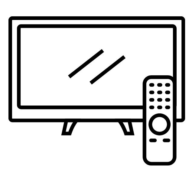 A black and white drawing of a television and a remote control.
