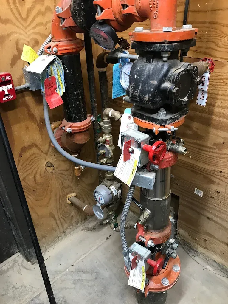 Industrial plumbing with orange and black fire-suppression valves and pipes on a wooden wall panel