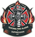 Texoma Fire Alarm & Suppression LLC logo with a fire hydrant, flames, and red-black shield