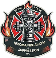 Texoma Fire Alarm & Suppression LLC logo with a fire hydrant, flames, and red-black shield