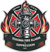 Texoma Fire Alarm & Suppression LLC logo with a fire hydrant, flames, and red-black shield