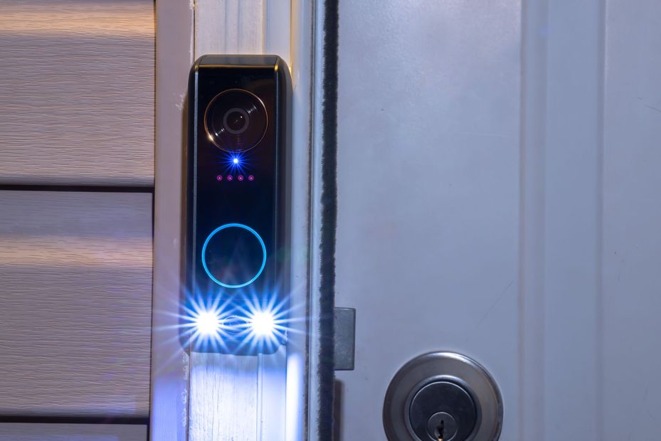 Smart doorbell camera with bright blue lights mounted beside a front door lock