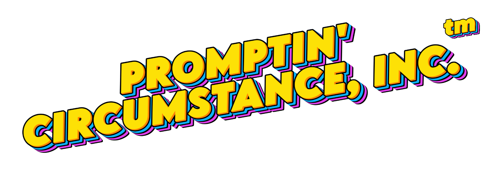 Logo for Promptin' Circumstance, Inc. in yellow block letters with blue outline and white background
