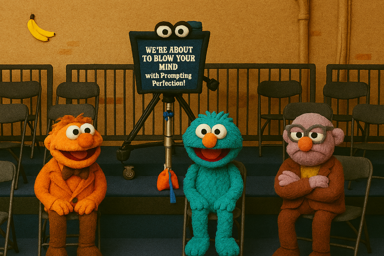 Three Muppet-like characters sit in chairs; a sign reads, "We're About to Blow Your in a Trip with Mathematics!"