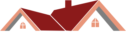 Stylized red-roof house with peach gables and a chimney on a white background