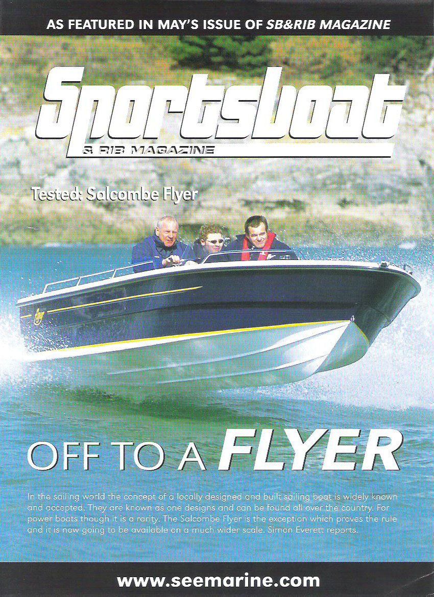 Sportsboat magazine cover: A boat speeding across the water with three people onboard. The title is 